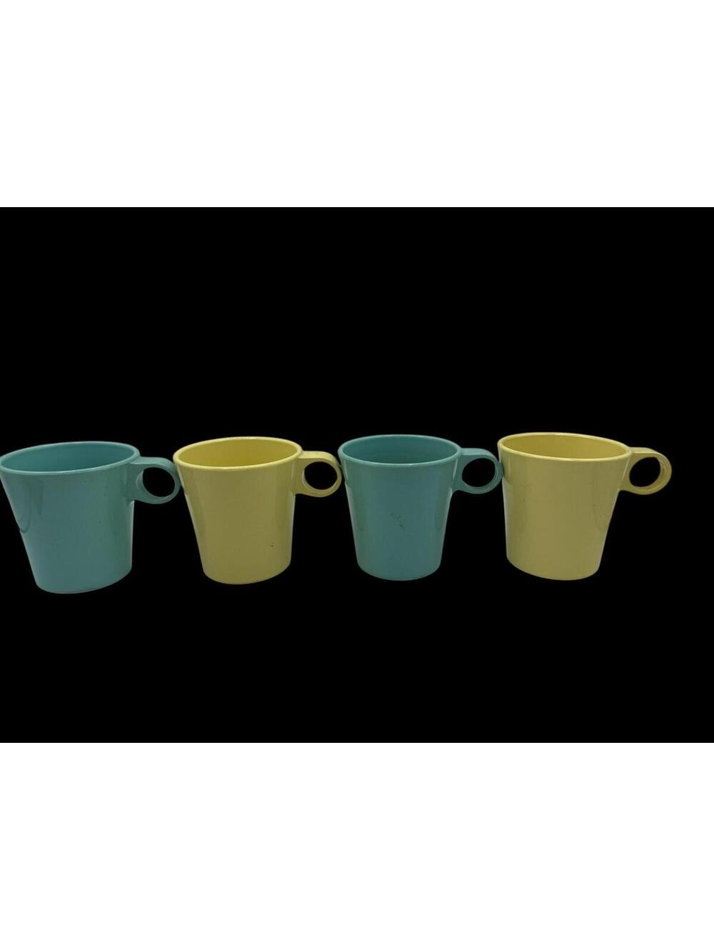 Vintage Melamine Coffee Cups Set: Mid Century Precision Ware, Yellow & Turquoise